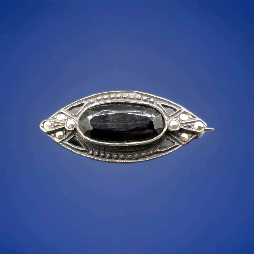 Antique Victorian Edwardian Sterling Silver Onyx Marcasite Patina Pin Brooch
